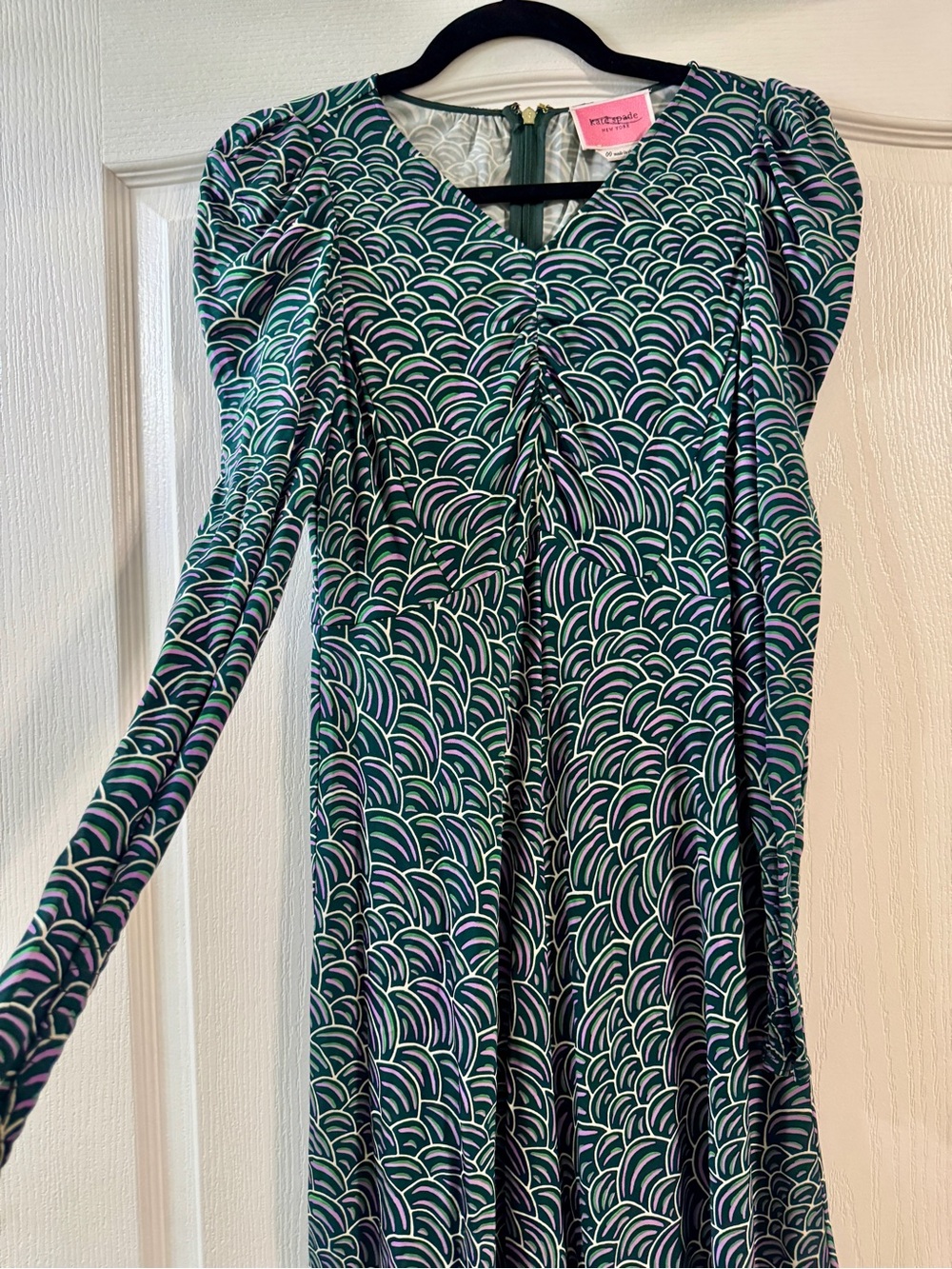 kate spade Green, Navy & White Scallop-Print V-Neck Long Sleeve Dress